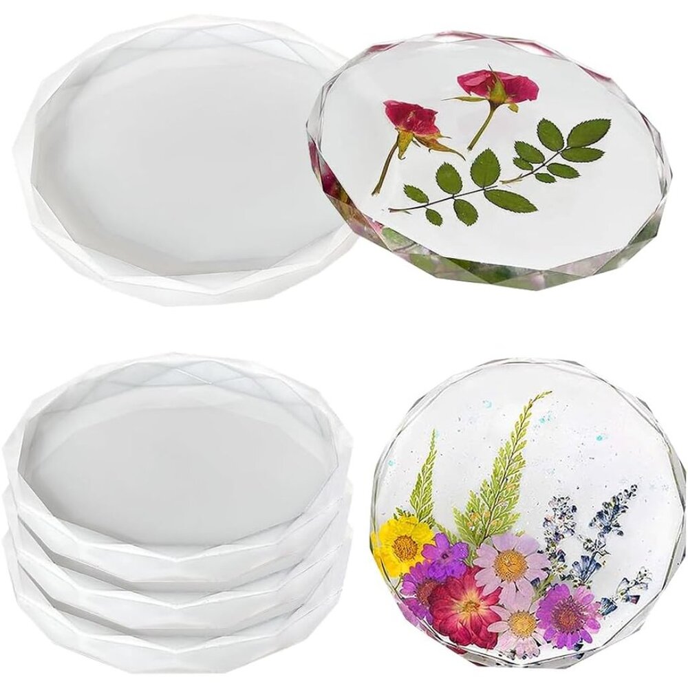 4 Pack Coaster Molds - Diamond Edge Crystal & Round Geode Silicone Molds for Epo